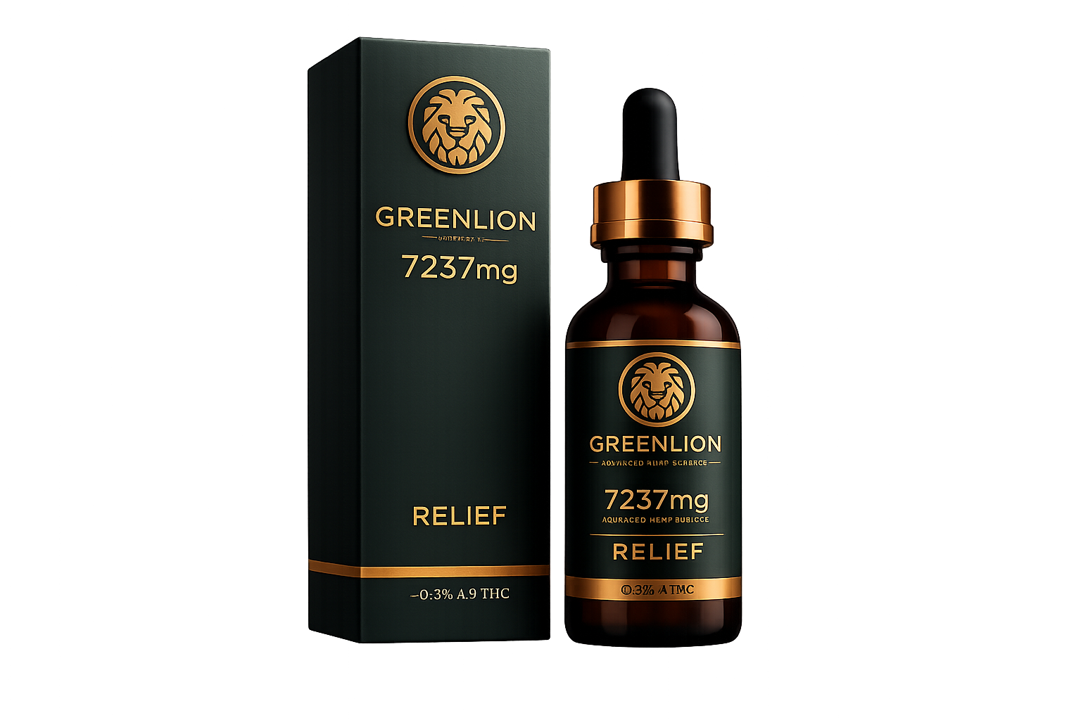 GREENLION Relief — frasco e embalagem